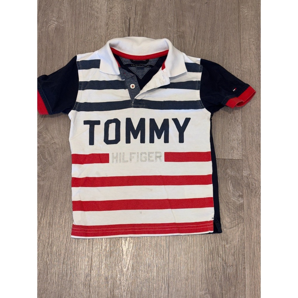 Tommy Hilfiger Polo Shirt Boys 4‎ Multicolor Striped Spellout Logo Golf Tennis